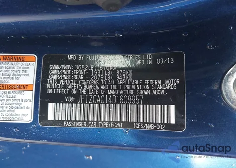 2013 Subaru Brz Limited from USA, damaged, VIN JF1ZCAC14D1608957